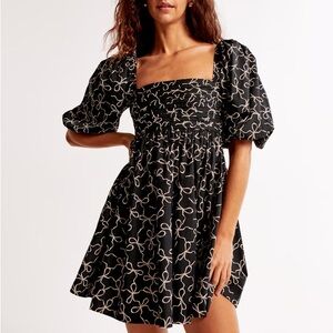 Abercrombie Emerson Poplin Puff Sleeve Mini Dress Black Bow Print